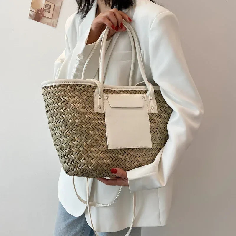 Marlene | Damen Sommer geflochtene Stroh Schultertasche mit Lederdetails