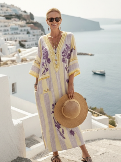 Aurelia | V-Ausschnitt Blumiges Maxikleid mit Halblangen Ärmeln