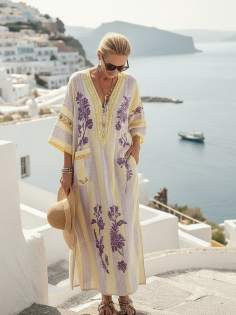Aurelia | V-Ausschnitt Blumiges Maxikleid mit Halblangen Ärmeln