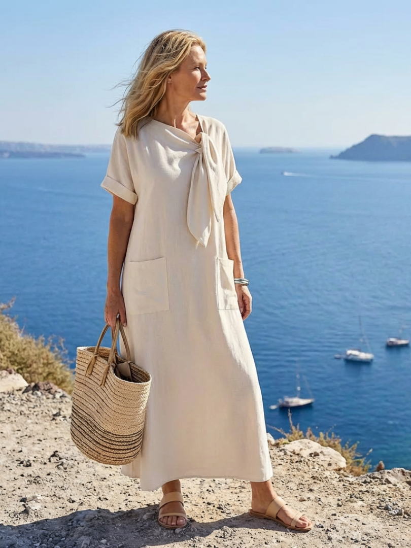 Elowyn | Rundhals Maxikleid mit kurzen Ärmeln