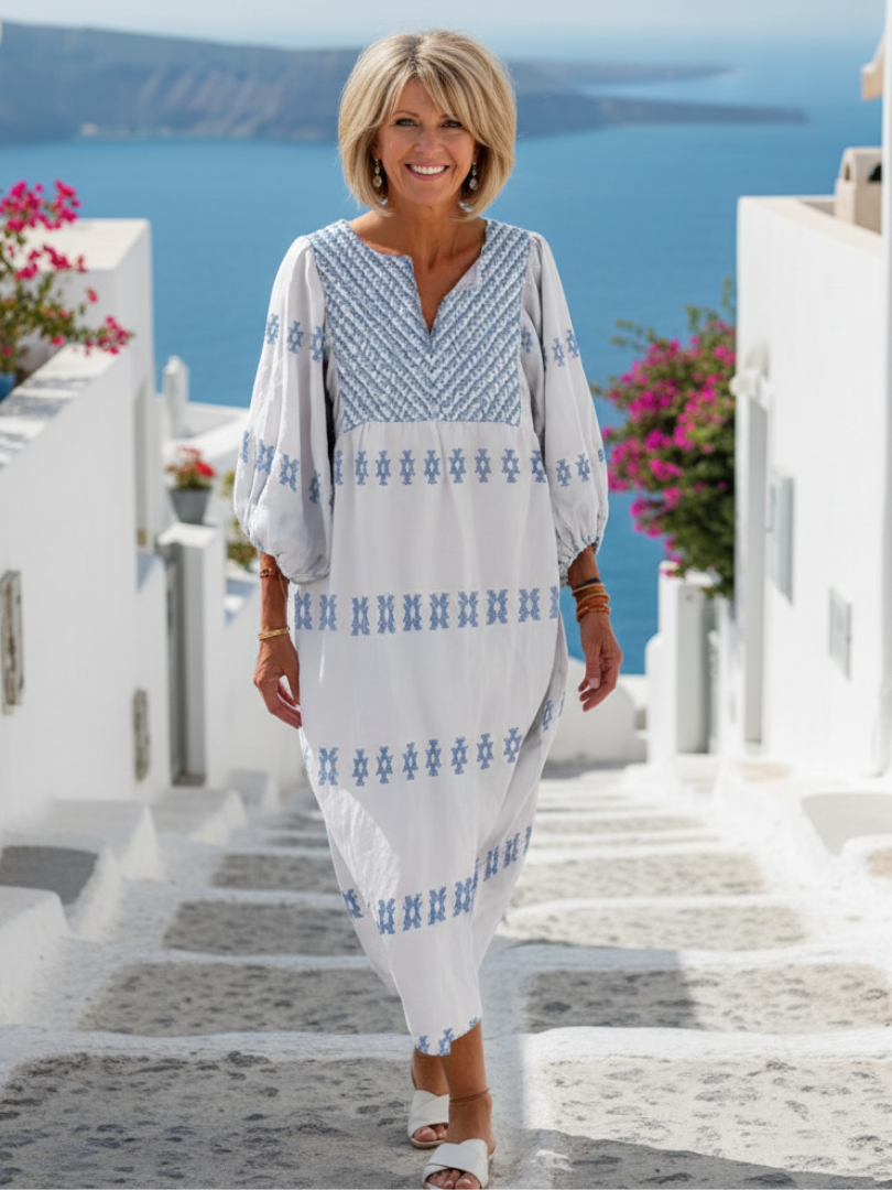 Evadne | V-Ausschnitt Langärmliges Besticktes Maxikleid