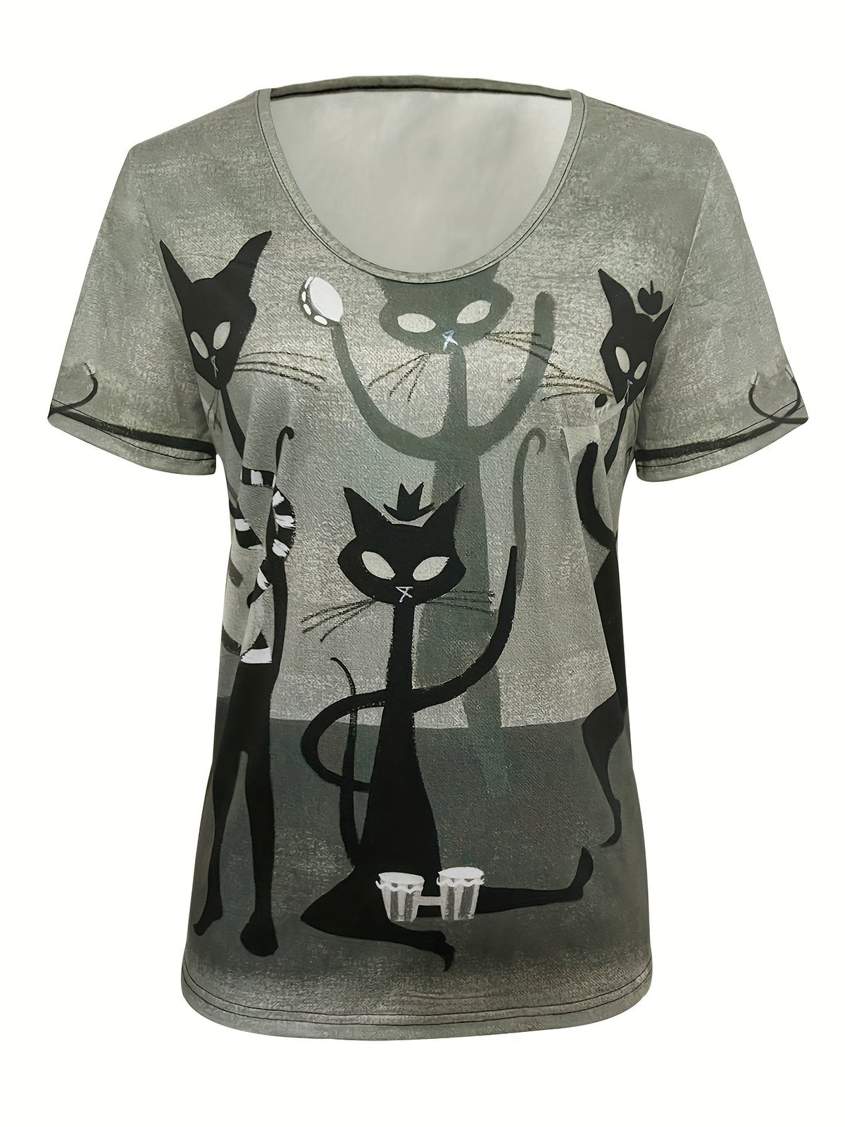 Top Damen | Oversize Katzenmotiv-Shirt mit Vintage-Kunstdruck
