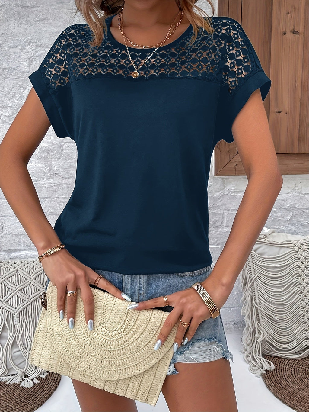 Top Damen | Spitzen-Schulterpartie & Feminines Batwing-Oberteil