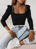 Top Damen | Square-Neck & Perlknöpfen mit Puffärmeln