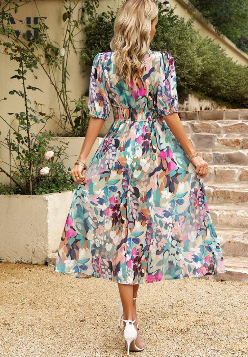 Damen Elegantes Blumenmuster Midikleid