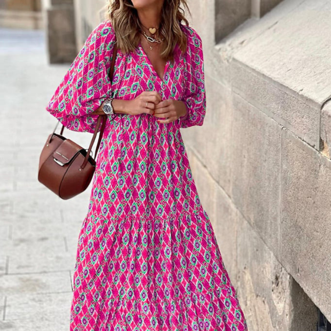 Rosa | Damen Boho Maxi-Kleid Puffärmel V-Ausschnitt Muster