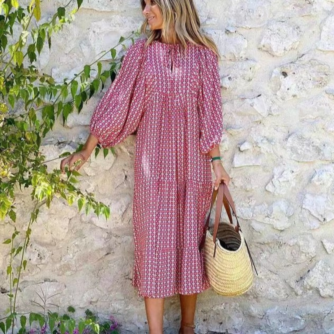 Rosa | Damen Boho Maxi-Kleid Puffärmel V-Ausschnitt Muster