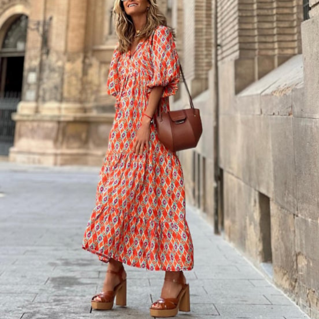Rosa | Damen Boho Maxi-Kleid Puffärmel V-Ausschnitt Muster