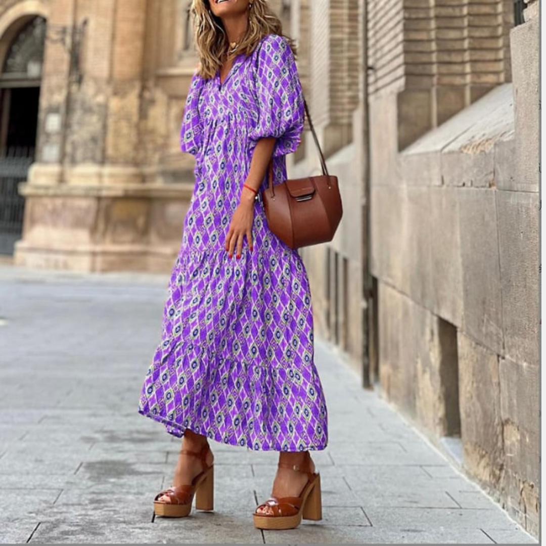 Rosa | Damen Boho Maxi-Kleid Puffärmel V-Ausschnitt Muster