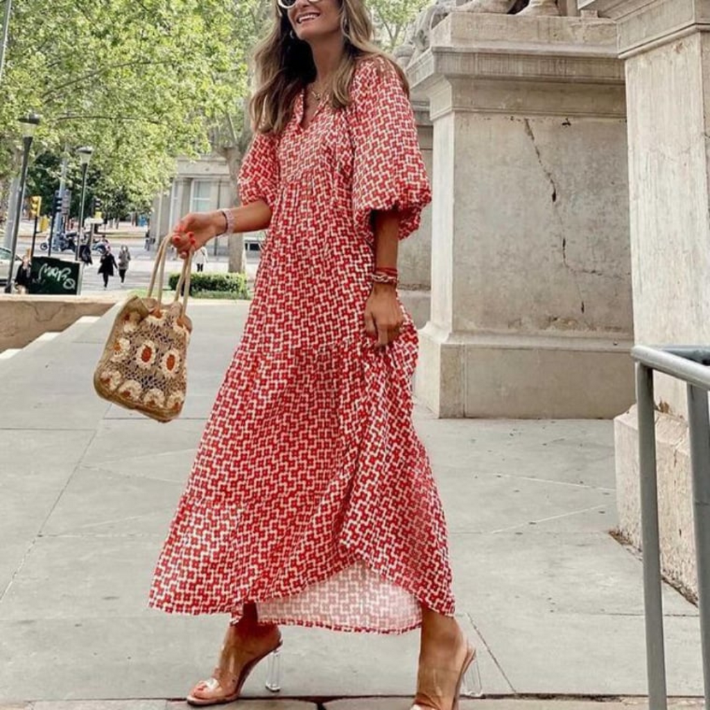 Rosa | Damen Boho Maxi-Kleid Puffärmel V-Ausschnitt Muster
