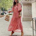Rosa | Damen Boho Maxi-Kleid Puffärmel V-Ausschnitt Muster