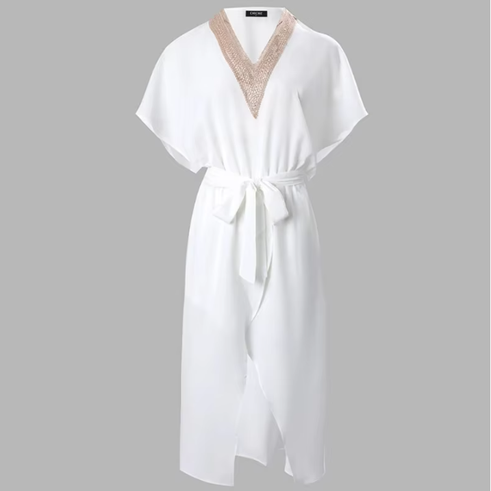 Ivory | Damen Midi Kleid V-Ausschnitt Golddetail Bindegürtel