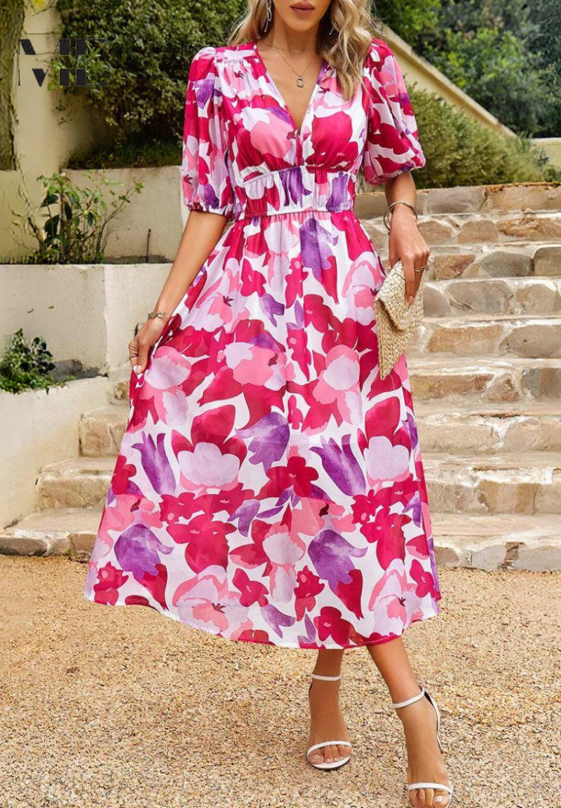 Damen Elegantes Blumenmuster Midikleid
