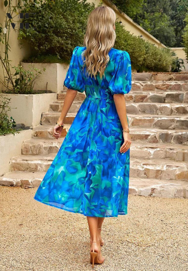 Damen Elegantes Blumenmuster Midikleid