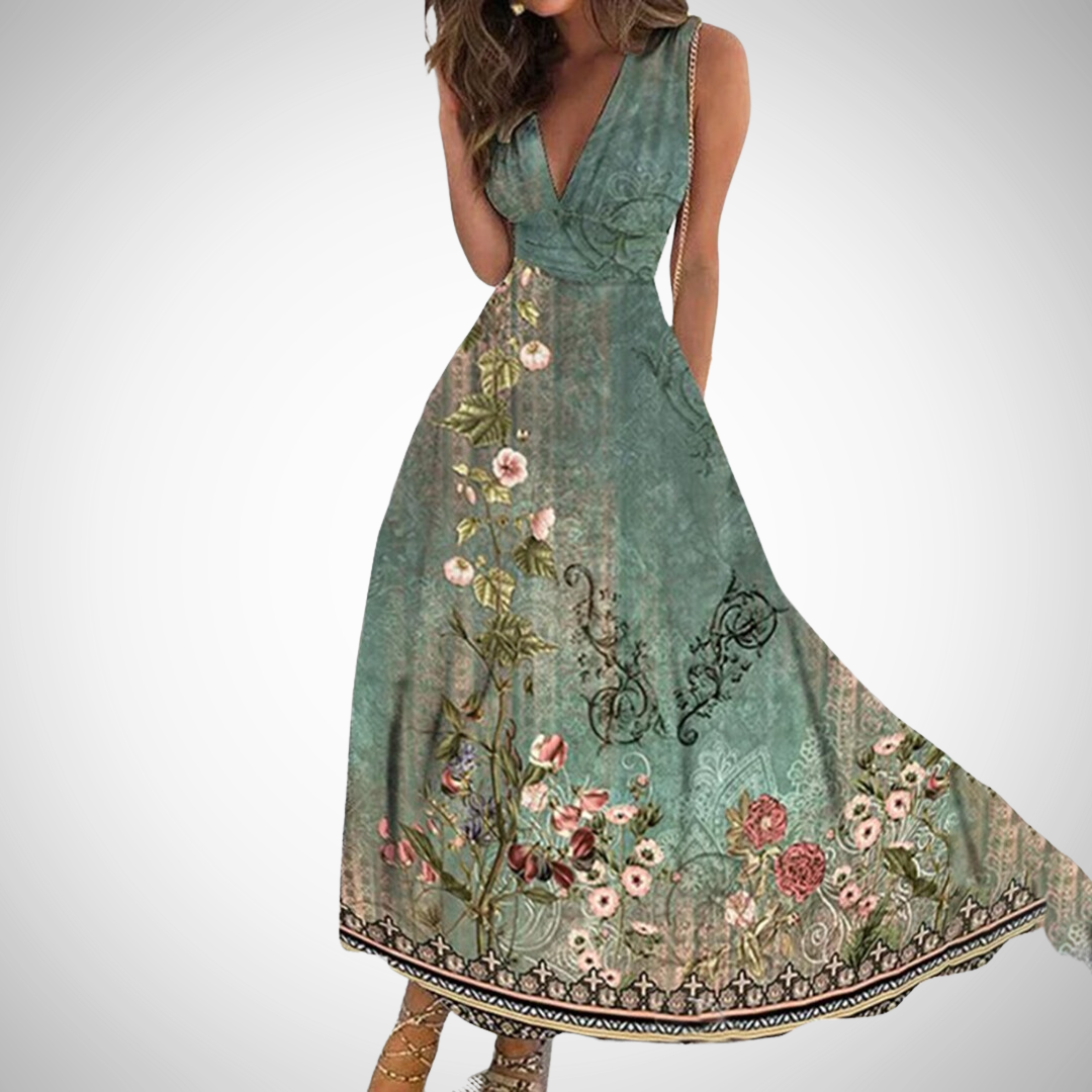 Via | Damen Maxi-Kleid Blumenprint V-Ausschnitt Ärmellos