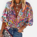 Bluse Paisleymuster V Ausschnitt Dreiviertelarm Knopfleiste