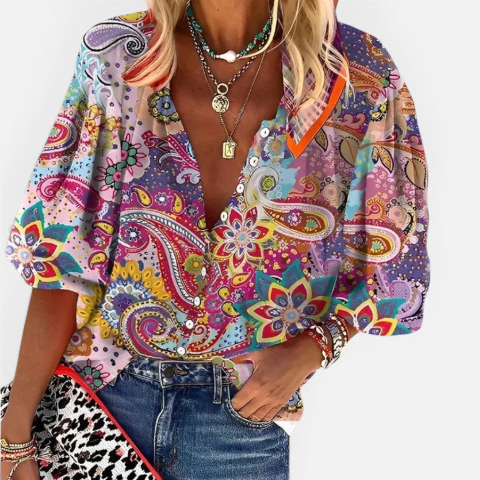 Bluse Paisleymuster V Ausschnitt Dreiviertelarm Knopfleiste