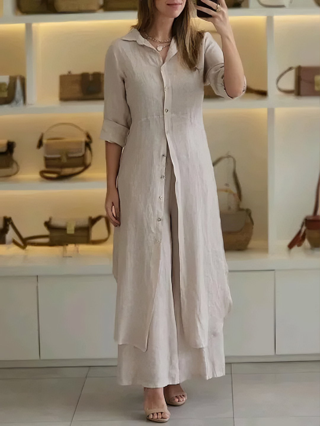 Damen Lässig Knopfleiste Lagenlook Blusenkleid Set