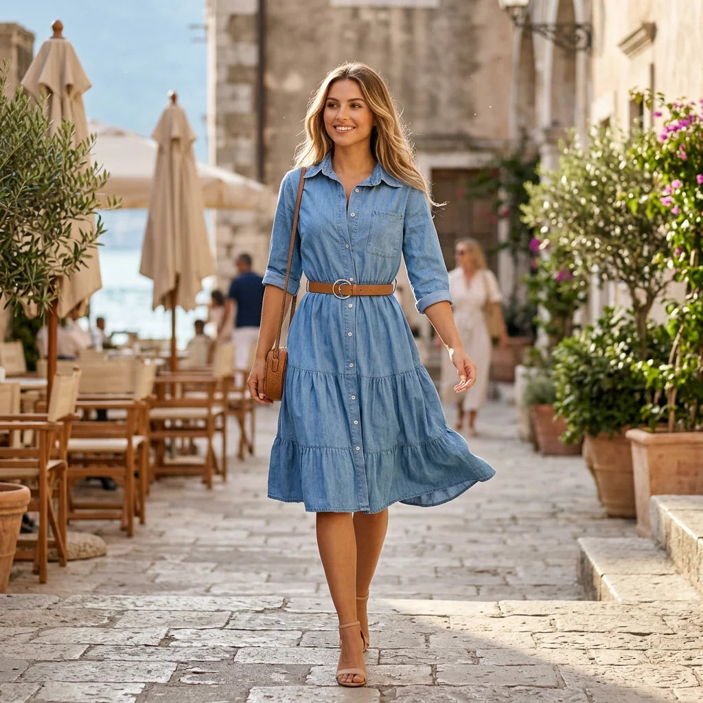 Hemdblusenkleid aus Denim in A-Linie mit Gürtel