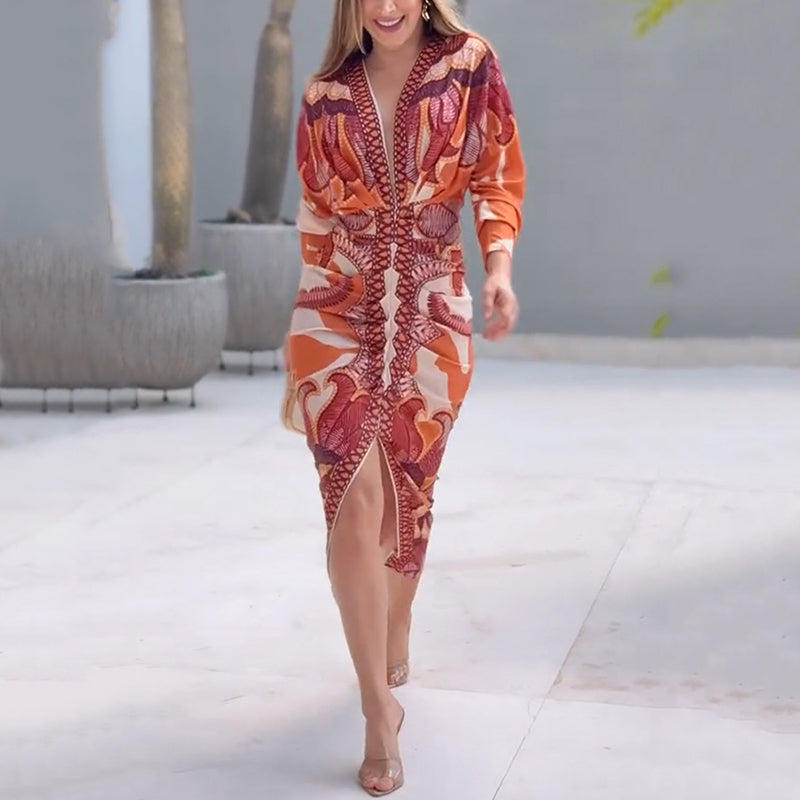 V Ausschnitt Kleid Damen | Figurbetonter Schnitt & Ornamentales Print-Design