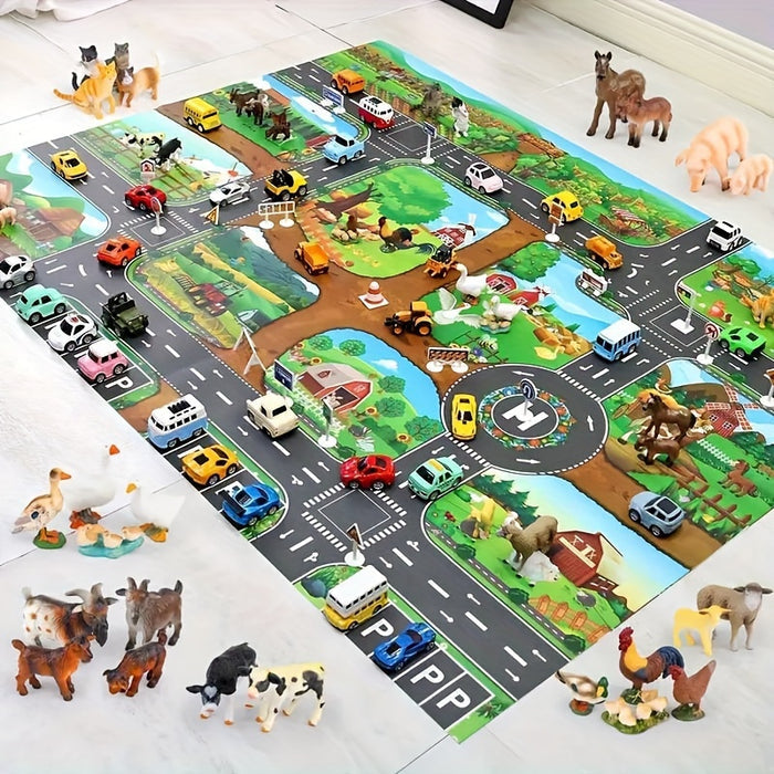 VibrantPlay | Interaktive Spielmatte für Kinder – Farbenfrohes Bauernhof- und Verkehrsmotiv