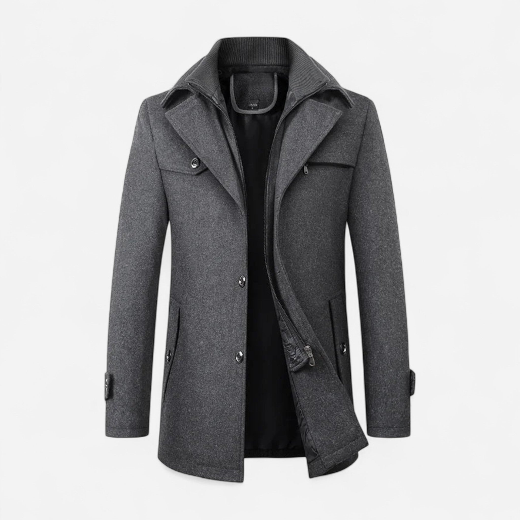 Gefütterte City-Winterjacke für Herren im Mantel-Look mit hohem Reißverschlusskragen