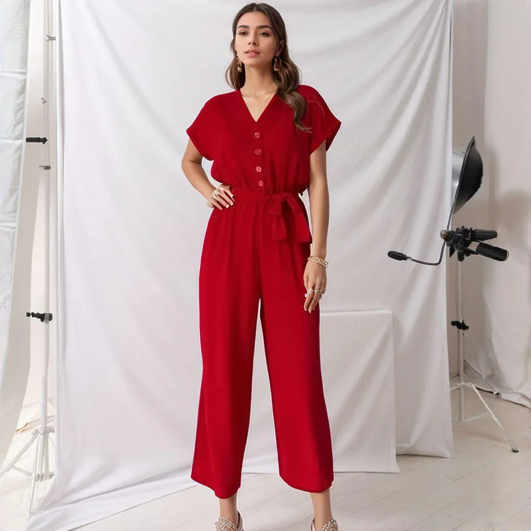 Evelyne™ Jumpsuit aus Soft-Stoff mit Knöpfen und Bindegürtel