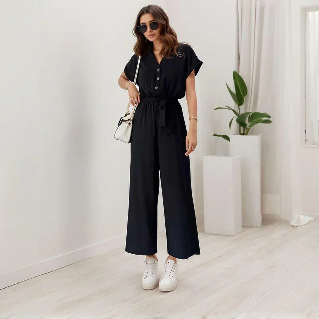 Evelyne™ Jumpsuit aus Soft-Stoff mit Knöpfen und Bindegürtel