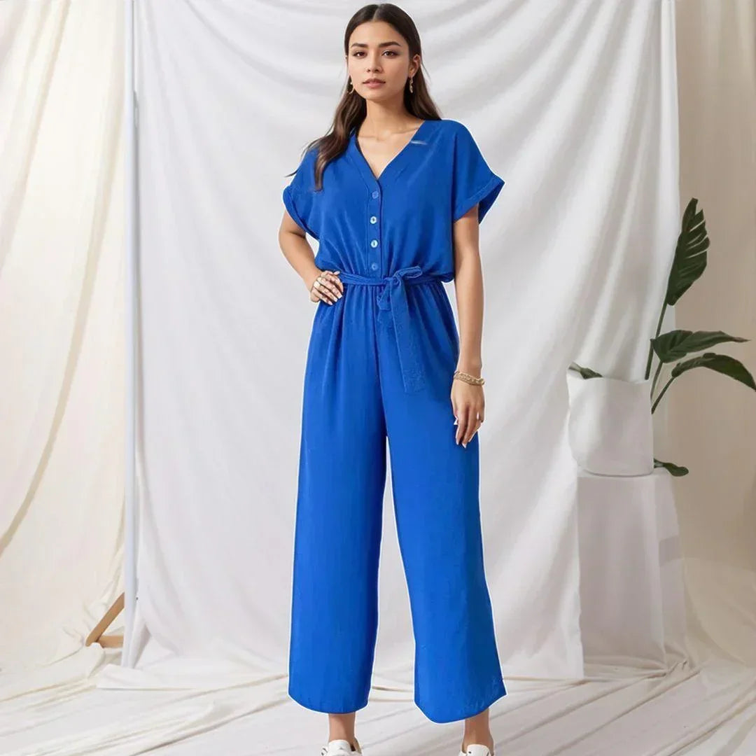 Evelyne™ Jumpsuit aus Soft-Stoff mit Knöpfen und Bindegürtel