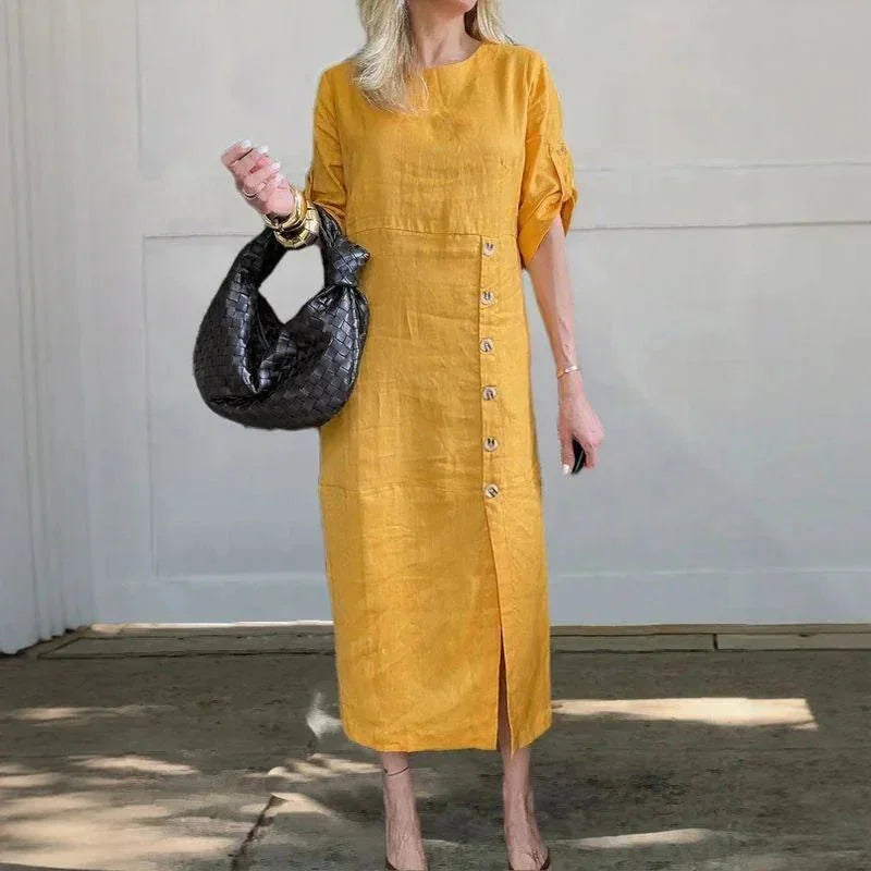 Adelie™ Baumwoll-Leinenkleid mit seitlichen Knöpfen und raffiniertem Schlitz / Bewegung und Eleganz in der richtigen Dosierung!
