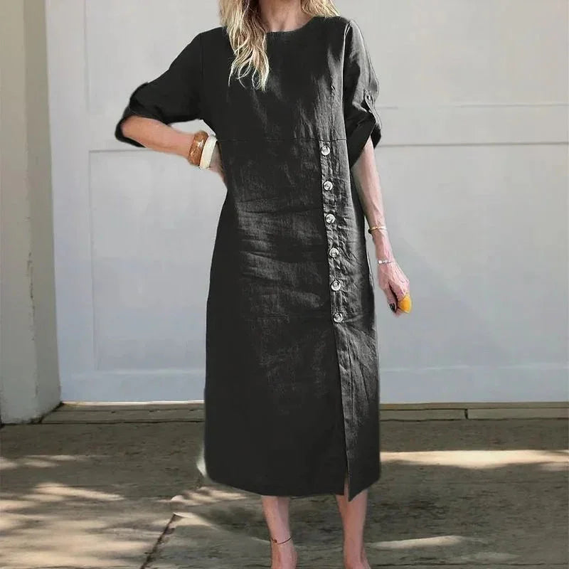 Adelie™ Baumwoll-Leinenkleid mit seitlichen Knöpfen und raffiniertem Schlitz / Bewegung und Eleganz in der richtigen Dosierung!