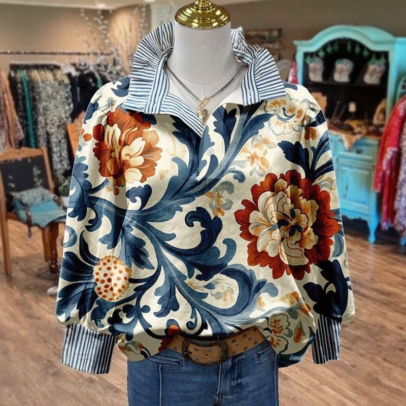 Allura™ Bluse mit Gestreiftem Hemdkragen und Riviera-Inspiriertem Art-Print / Lässige Eleganz mit Feinem Design