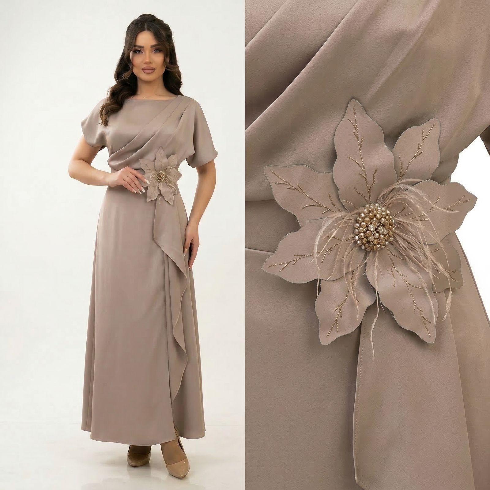Seraphine™ Kleid aus Edlem Satin mit Skulpturaler Blumenapplikation an der Taille