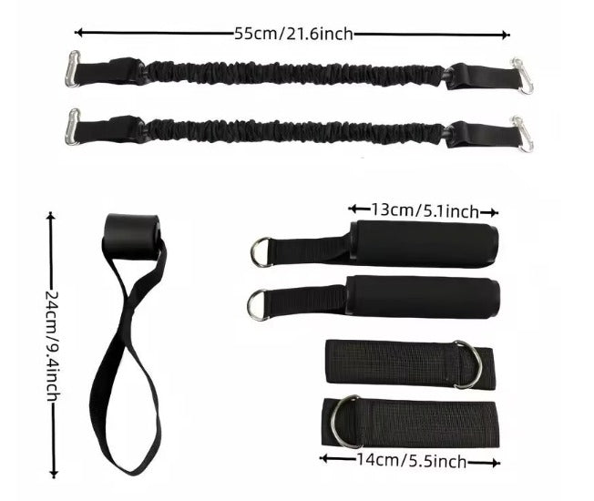 Set mit Armdehnübungen und Planks inklusive Griffen, elastischen Bändern und Zubehör – ideal für Brust- und Bauchmuskeltraining