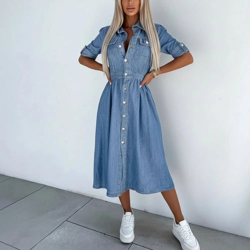 Antonelly™ Jeans-Hemdkleid mit Taillierter Passform und Knopfleiste / Zeitlose Eleganz mit Alltagstauglichem Komfort