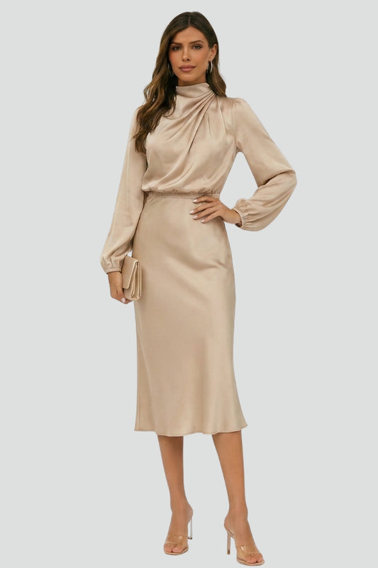 Damen Elegantes Langarm Hochzeitsgast Midi Kleid