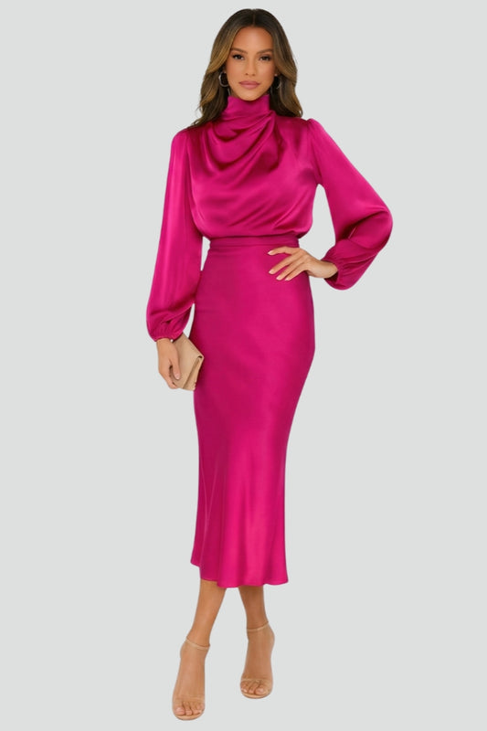 Damen Elegantes Langarm Hochzeitsgast Midi Kleid