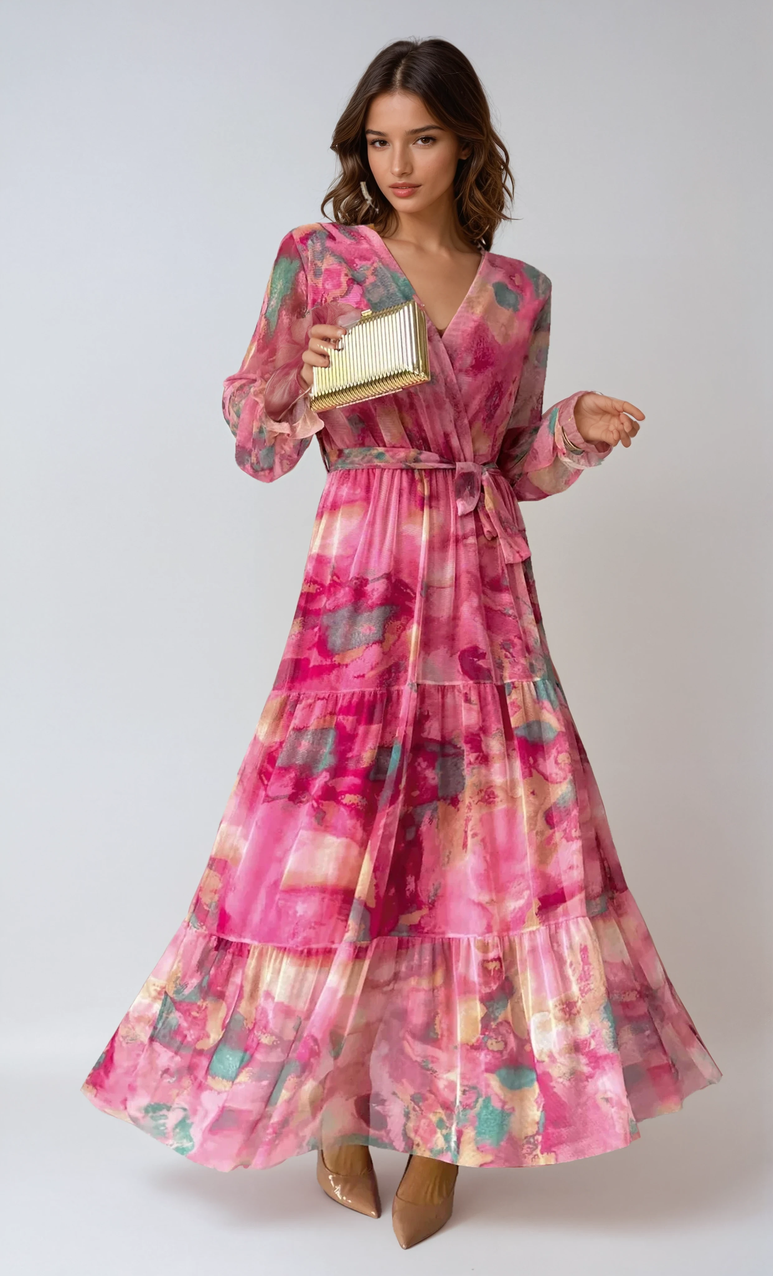 Damen Wickeloptik Sommer Geblümtes Maxikleid