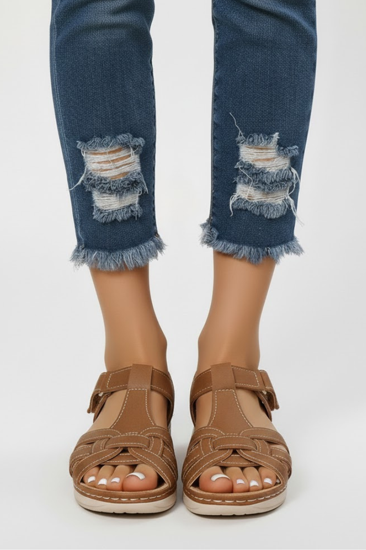 Damen Retro Geknöpfte Riemchen Sandale