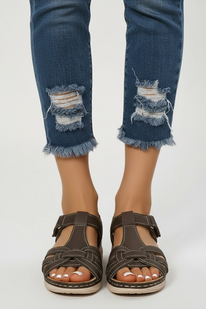 Damen Retro Geknöpfte Riemchen Sandale