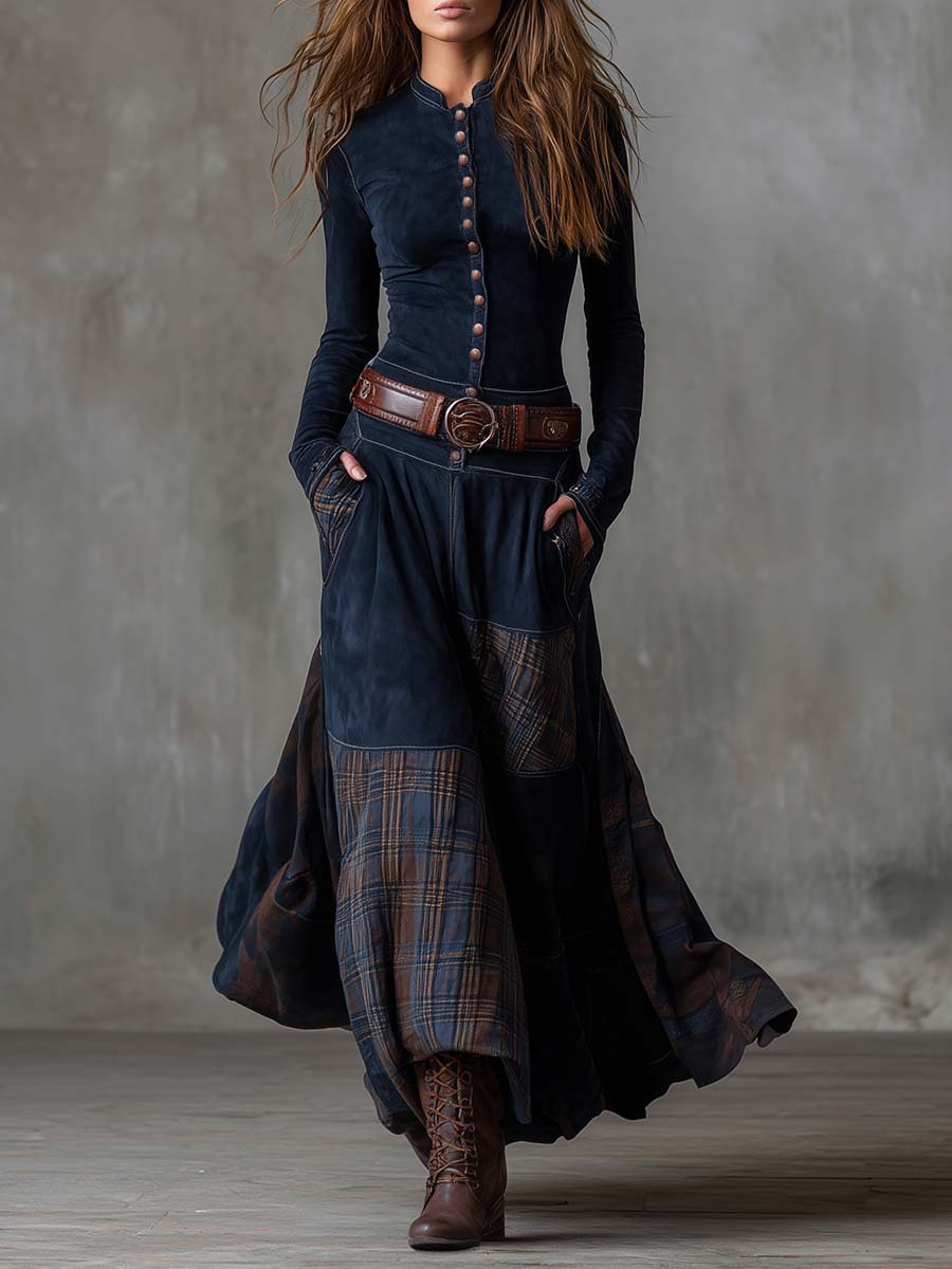 Leonora | Langes Vintage-Kleid aus marineblauem Wildleder mit Karomuster (inklusive Gürtel)