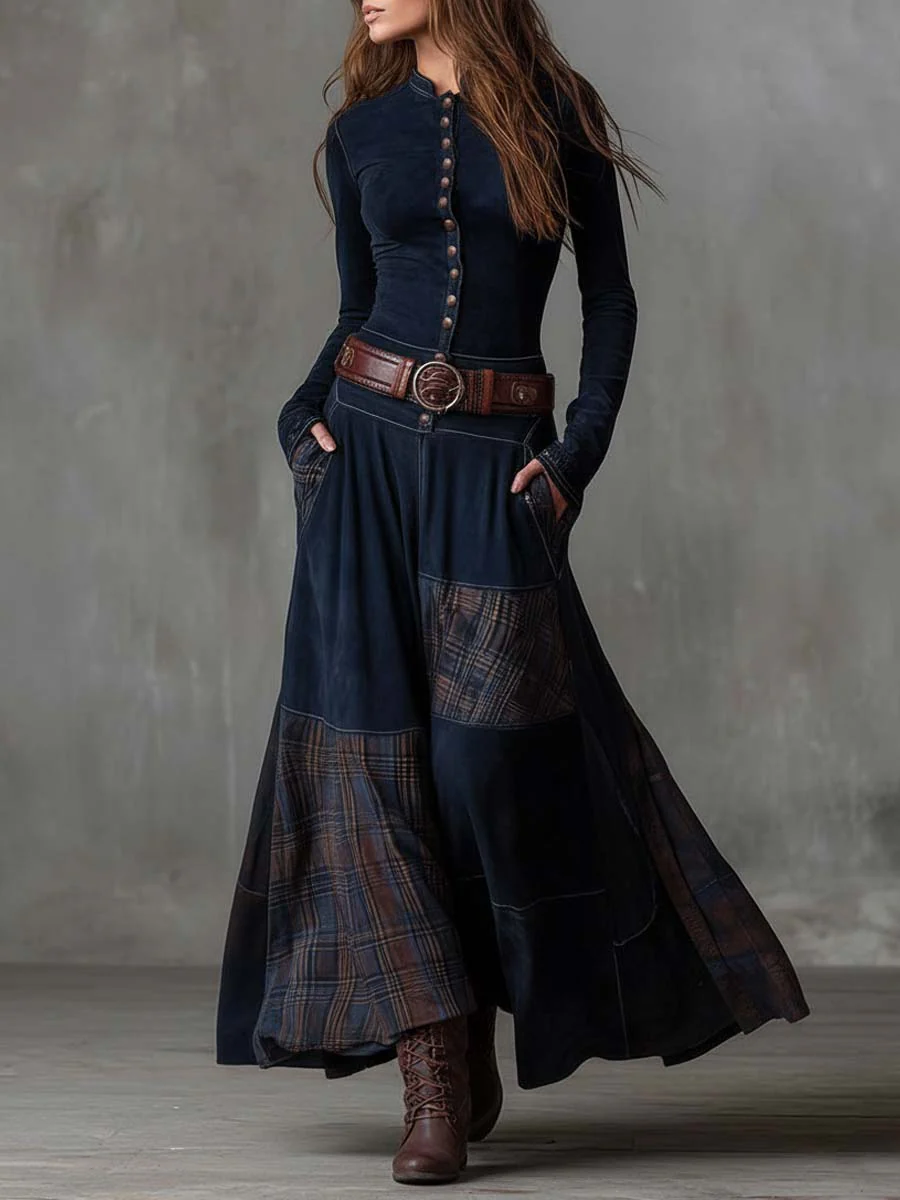 Leonora | Langes Vintage-Kleid aus marineblauem Wildleder mit Karomuster (inklusive Gürtel)