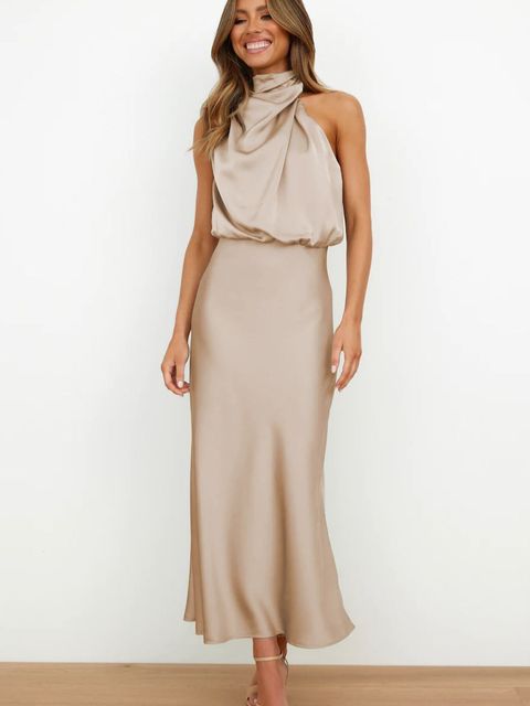 Benthe | Damen Satin Maxikleid Halterneck – Drapierter Ausschnitt Abendkleid 2026