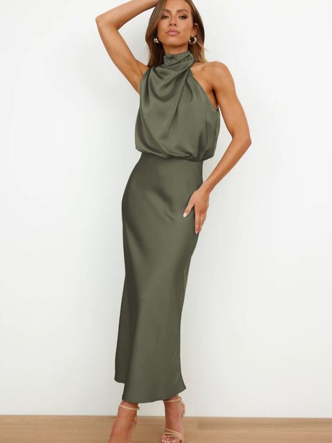 Benthe | Damen Satin Maxikleid Halterneck – Drapierter Ausschnitt Abendkleid 2026