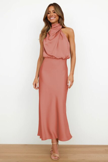 Benthe | Damen Satin Maxikleid Halterneck – Drapierter Ausschnitt Abendkleid 2026