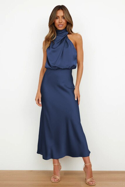 Benthe | Damen Satin Maxikleid Halterneck – Drapierter Ausschnitt Abendkleid 2026