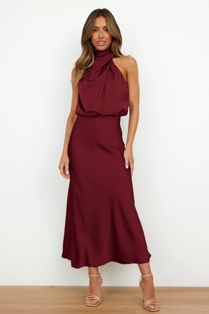 Benthe | Damen Satin Maxikleid Halterneck – Drapierter Ausschnitt Abendkleid 2026