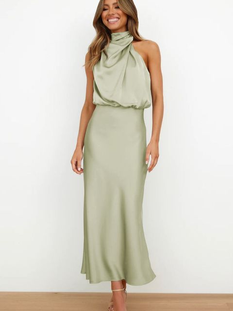 Benthe | Damen Satin Maxikleid Halterneck – Drapierter Ausschnitt Abendkleid 2026