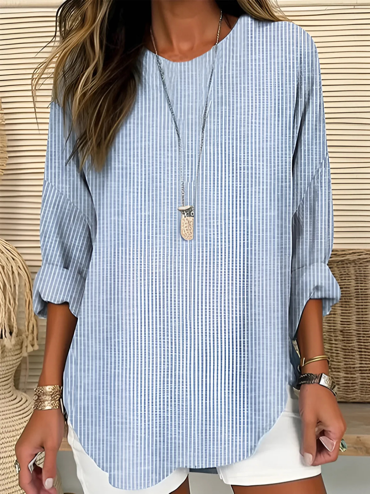 Theresa | Damen Streifen Sommerbluse mit Rundhalsausschnitt und lockerer Passform