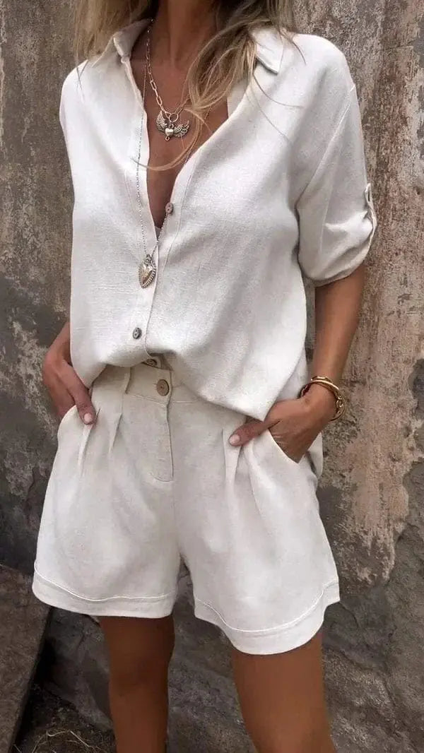 Zweiteiler Set Damen | Leinen-Hemd & Shorts im Sommer-Look